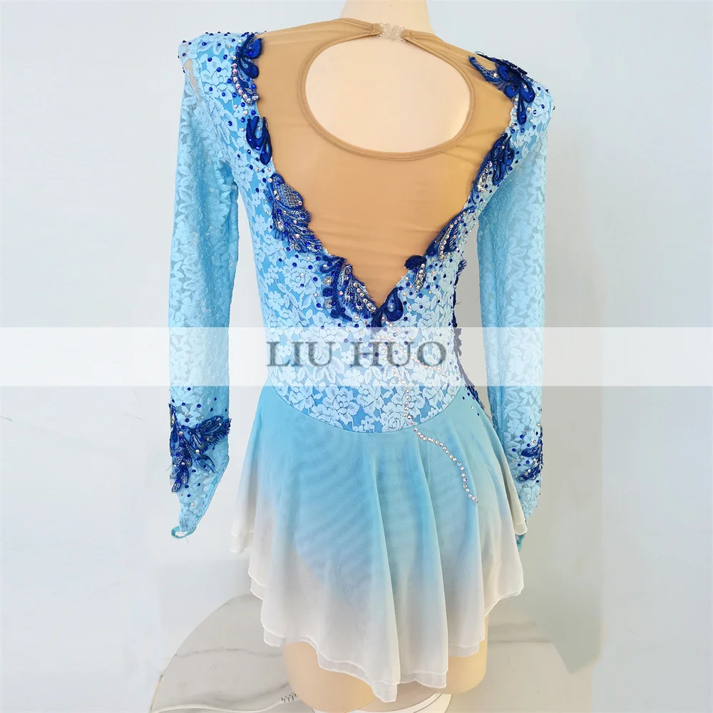 Children Costumes Ice Skating Costume Customize Kids Teens Roller Figure Skating Dress Women Girls Ice Performance Blue Competition Leotard