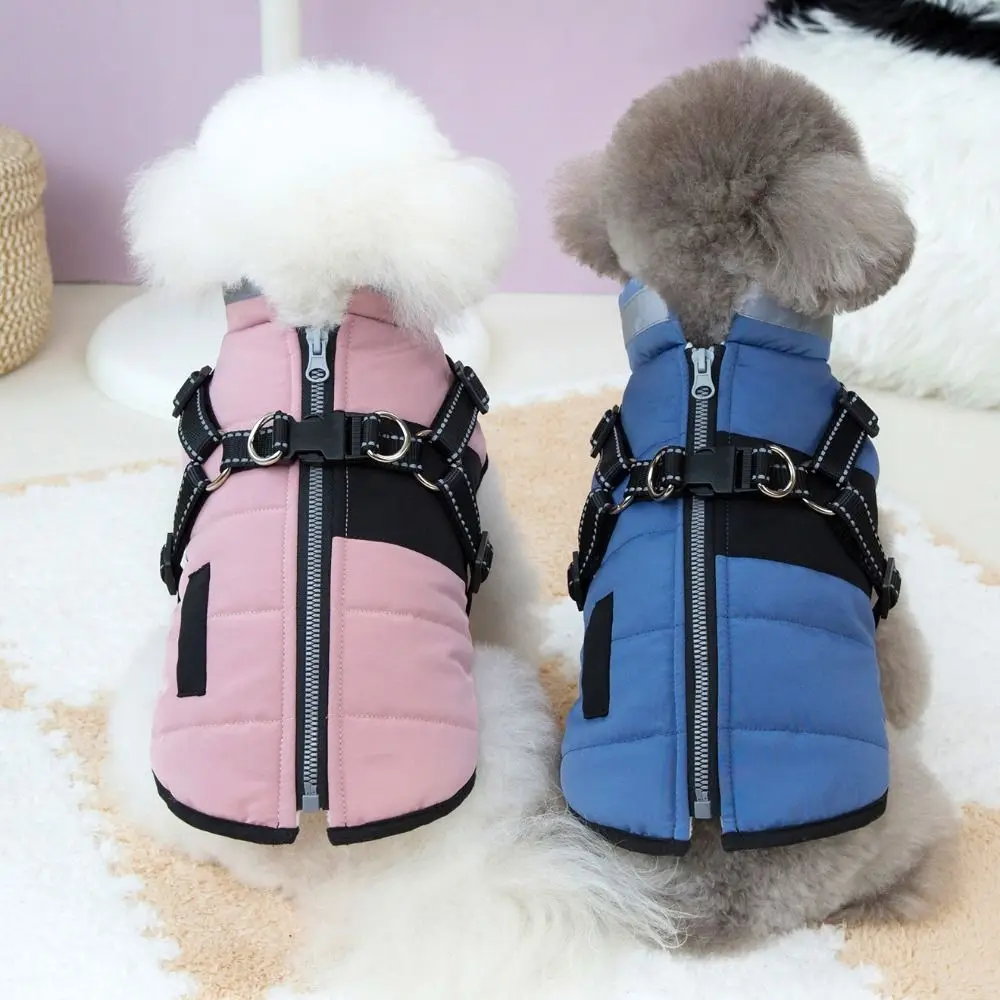 Adjustable Dog Warm Jacket Waterproof Zipper Reflective Dog Coat with Harness Padded Warm Windproof Puppy Clothes for Puppy Dogs