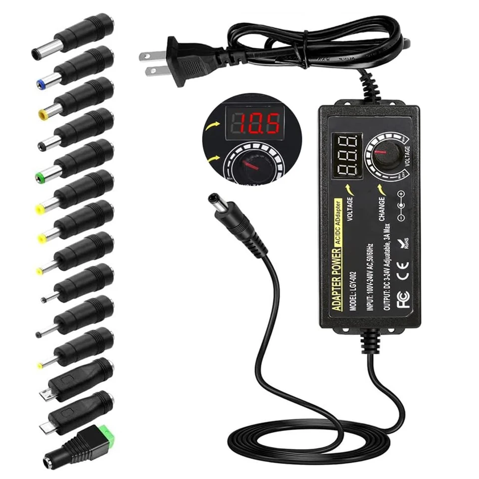Variable Adjustable AC/DC Power Supply Adapter - Multiple Output Settings (3-12V, 3-24V, 9-24V, 1-24V) For Various Devices