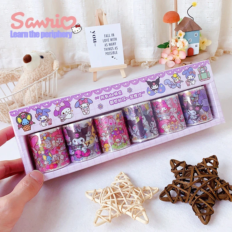 

Новинка 6 шт. Sanrio мультяшная клейкая лента для учетной записи Diy Kuromi Лазерная горячая штамповка прозрачная лента детский аниме материал декоративная наклейка