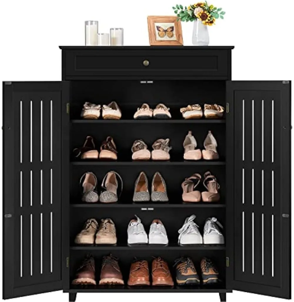 

Topeakmart Shoe Rack Storage Cabinet Shelf 5 Tier Adjustable Shoes Organizer with Drawer Louvered Door for Entryway Hallway Furn