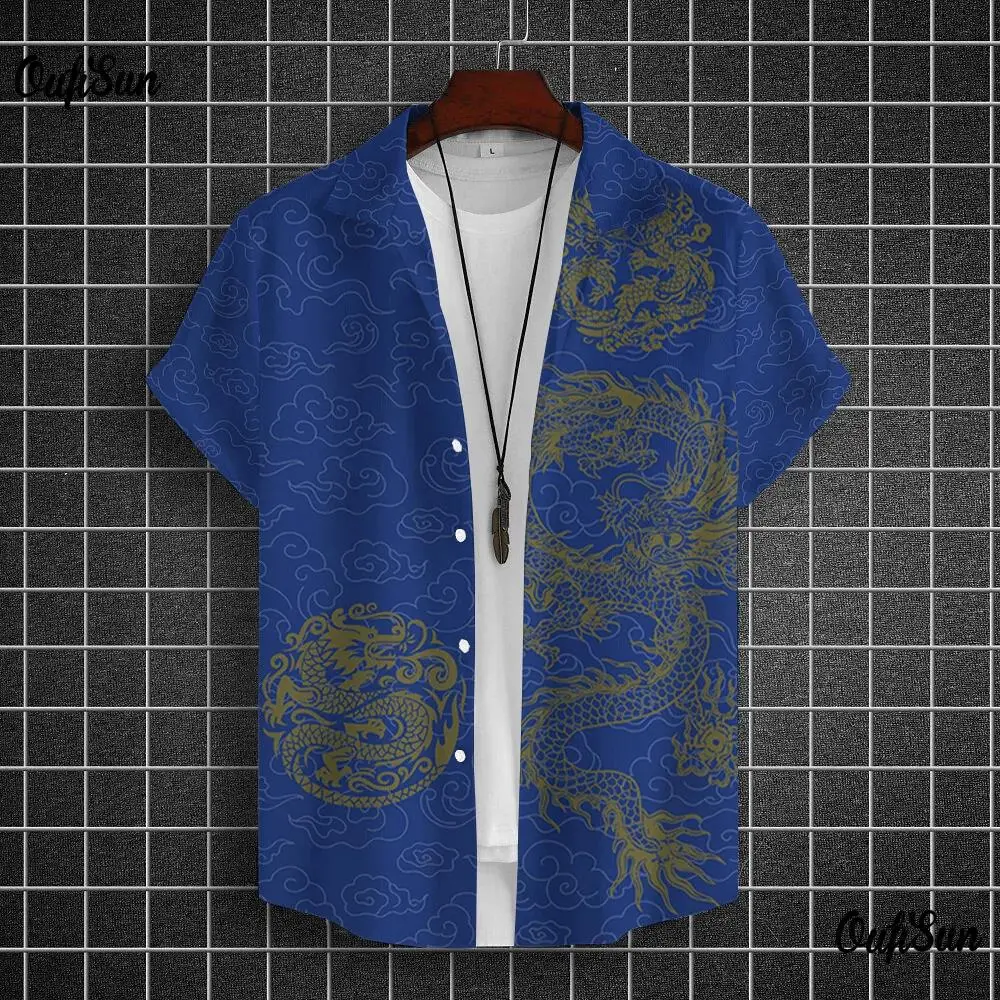 Men's Shirt Year Of The Dragon Totem 3D Printed Short Sleeve Large Size Loose Top Happy New Summer Sty casual short sleeved shirt short sleeved shirt
