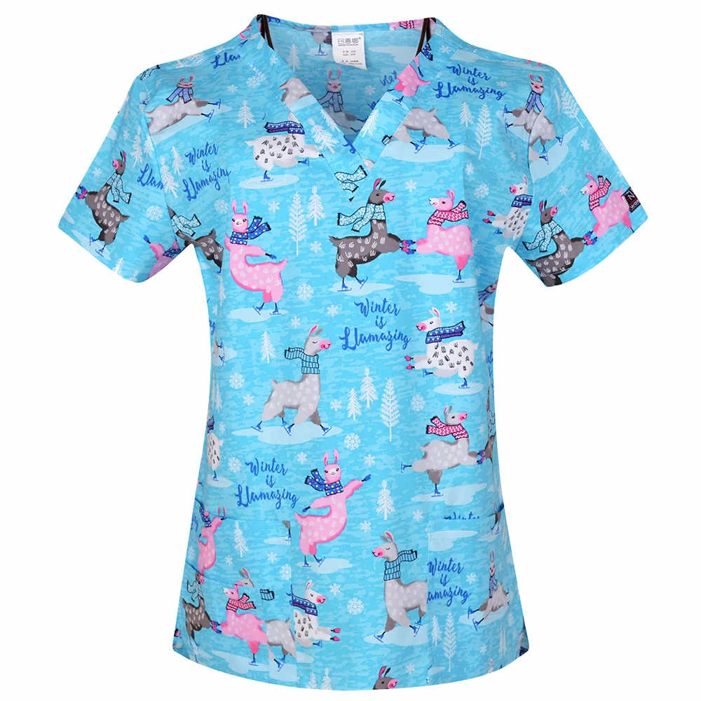 

Hennar Women Scrub Top With V-Neck 100% Cotton Print scrub Uniforms Nurse Scrub Tops For Women