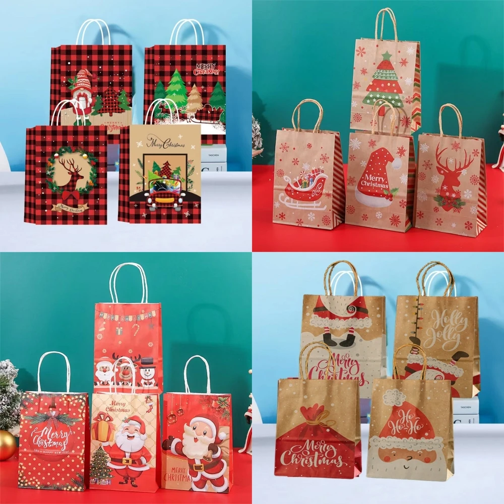 4 Stück Weihnachtsgeschenktüten aus Kraftpapier, Süßigkeiten- und Kekstüten, Verpackungstüten für Neujahrspartys, Snack-Geschenkverpackung, Weihnachtstüten 2026