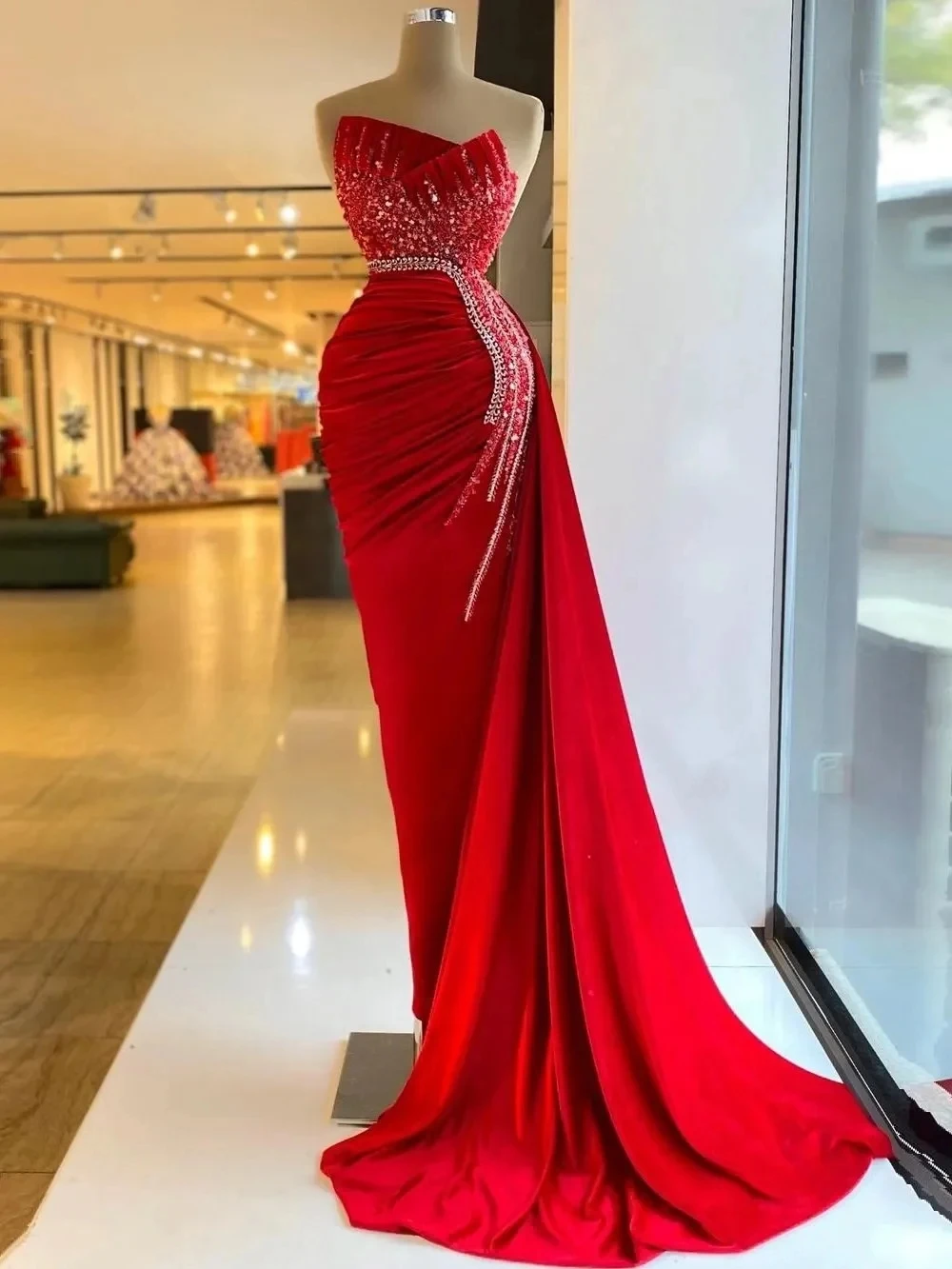 

Elegant New Red Satin Mermaid Boat Neck beading Formal Prom Dresses Sleeveless Long dress Evening Cocktail Party Gowns Vestidos