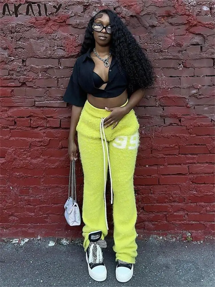 

Akaily Fall New Green Print High Waist Straight Pants Causal Street Clothing For Women 2023 Fashion Drawstring Fleece Sweatpants