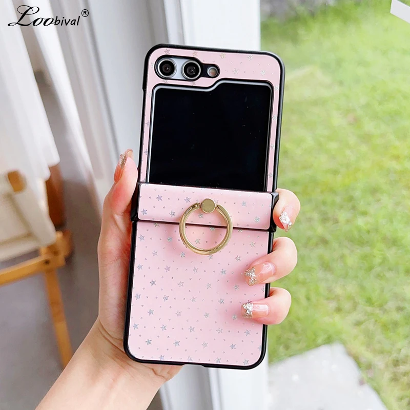 Per Samsung Z Flip5 Cartoon Star Ring Holder Case Per Samsung Galaxy Z Flip 4 5 3 Zflip Stand Staffa Love Heart Luxury Cover