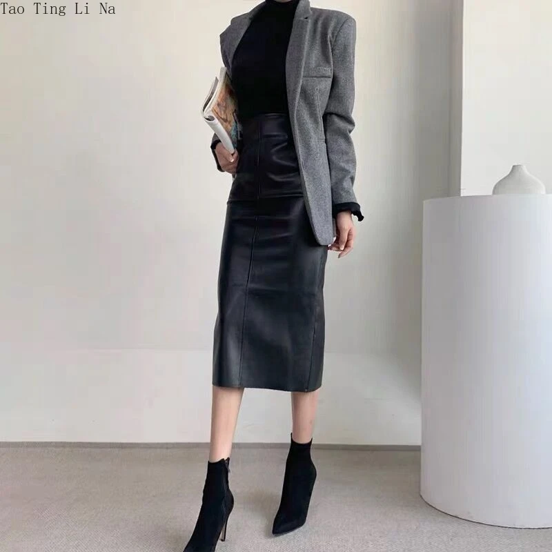 

2022 Leather Skirt Sheepskin Commuter High Waist Elegant Skirt Y1
