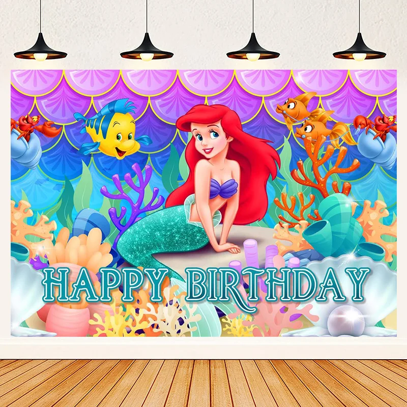 

The Little Mermaid Princess Ariel Background Birthday Party Decoration Banner Photography Backdrop Photo Studio Custom Photocall
