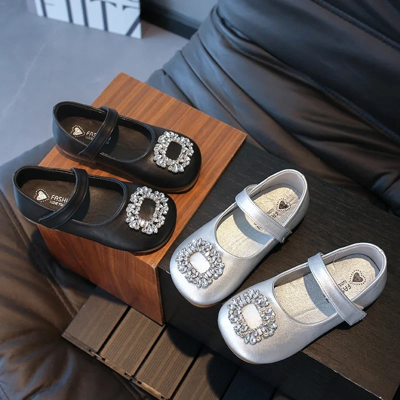 Children's Leather Shoes Shallow Rhinestone Party Shoes for Baby Girl Causal Fashion Versatile Kids Princess Wedding Flat