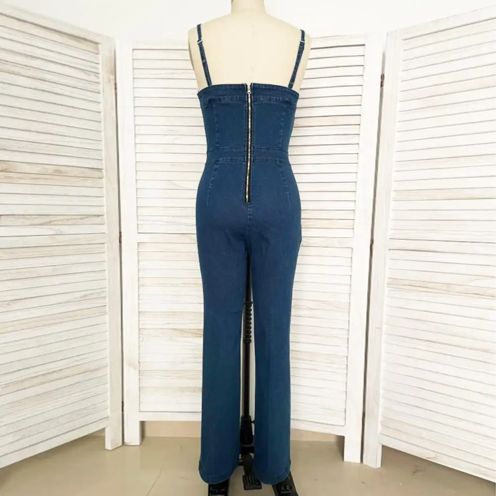 

Long Jumpsuit Set Stylish Denim Patchwork Jumpsuit with Flared Hem Spaghetti Straps V Neck Backless Design High Waist for Women