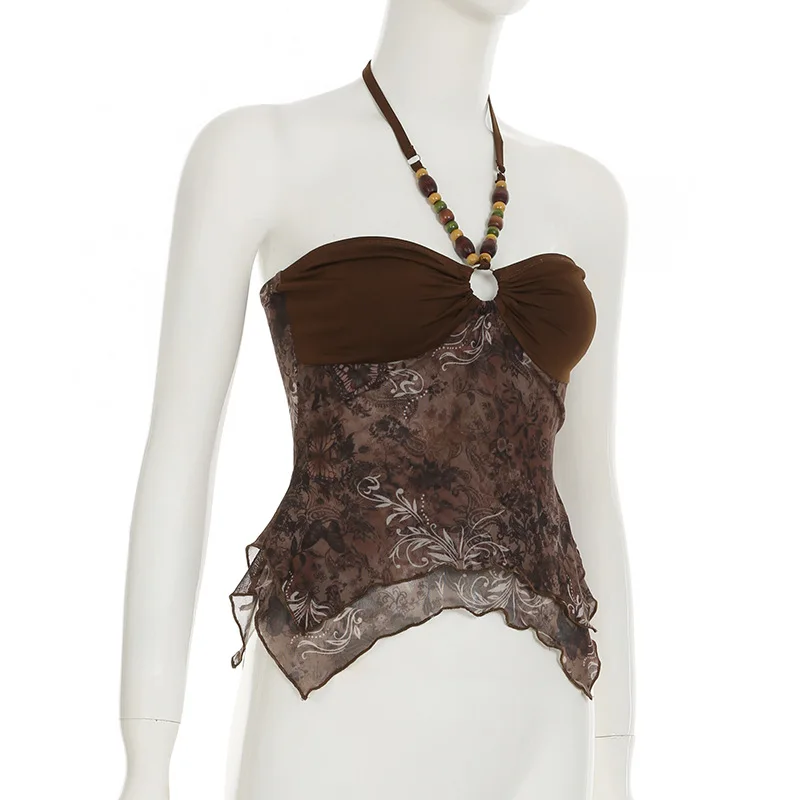 Retro Ethnic Beaded Folded Neck Backless Slim Fit Strap Vest Cross Border European And American Style Forest System 6