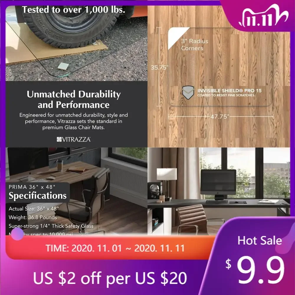 "ultra-clear glass desk mat - 36x48 inch, smooth glide, carpet protection"