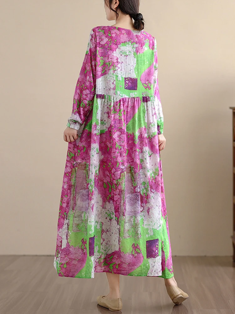 2025 Spring Autumn New Long Sleeve Cotton Floral Print Vintage Dresses For Women Casual Loose Midi Dress Femme Elegant Clothing