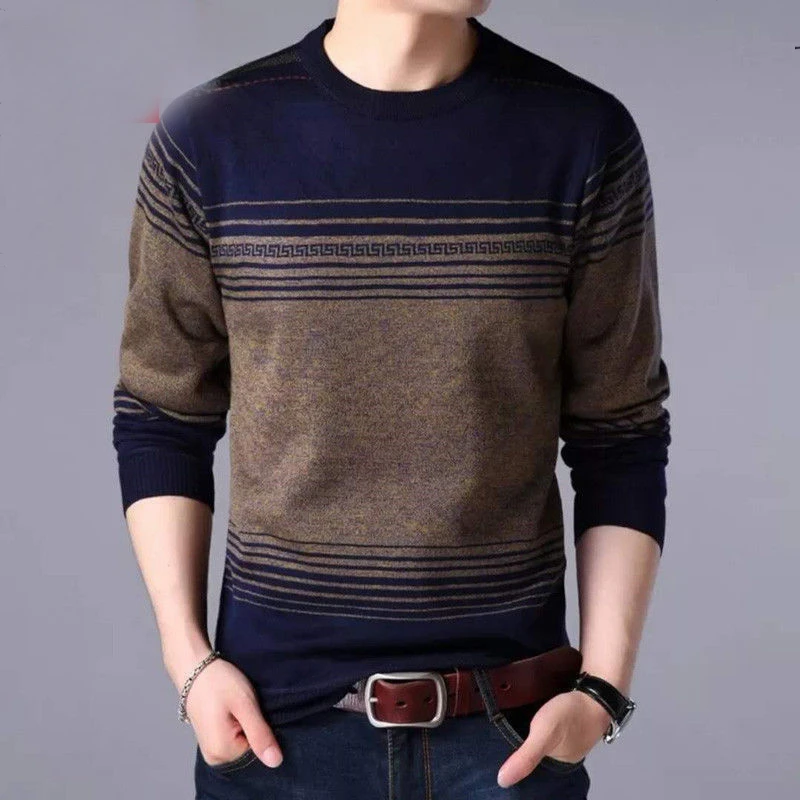Spring Autumn Vintage Striped Print Long Sleeve Sweaters for Men All Match Pullovers Keep Warm Loose Casual Fashion Male Clothes