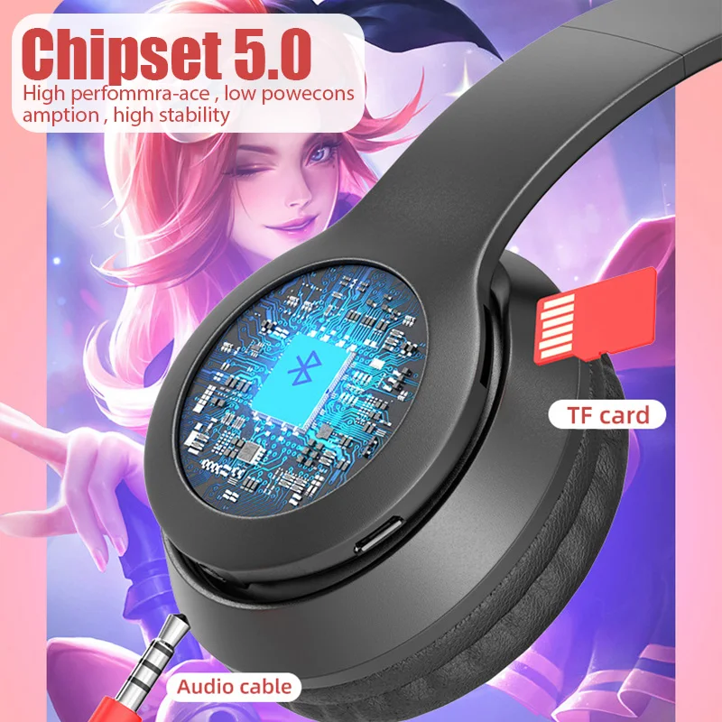 플래시 램프 귀여운 고양이 귀 헤드폰, 블루투스 5.0 스테레오, 마이크 지지대 TF 카드, 무선 어린이 소녀 이어폰, 생일 선물