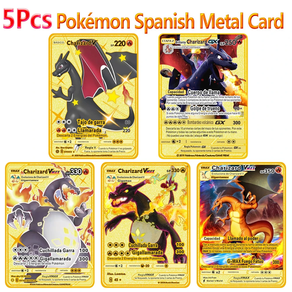 5pcs Spanish Pokemon Metal Cards Display Cartoon Pokemon Charizard Pikachu Playing Game Vmax V Collection Gold Card Kid Gift Toy Game Collection Cards Aliexpress