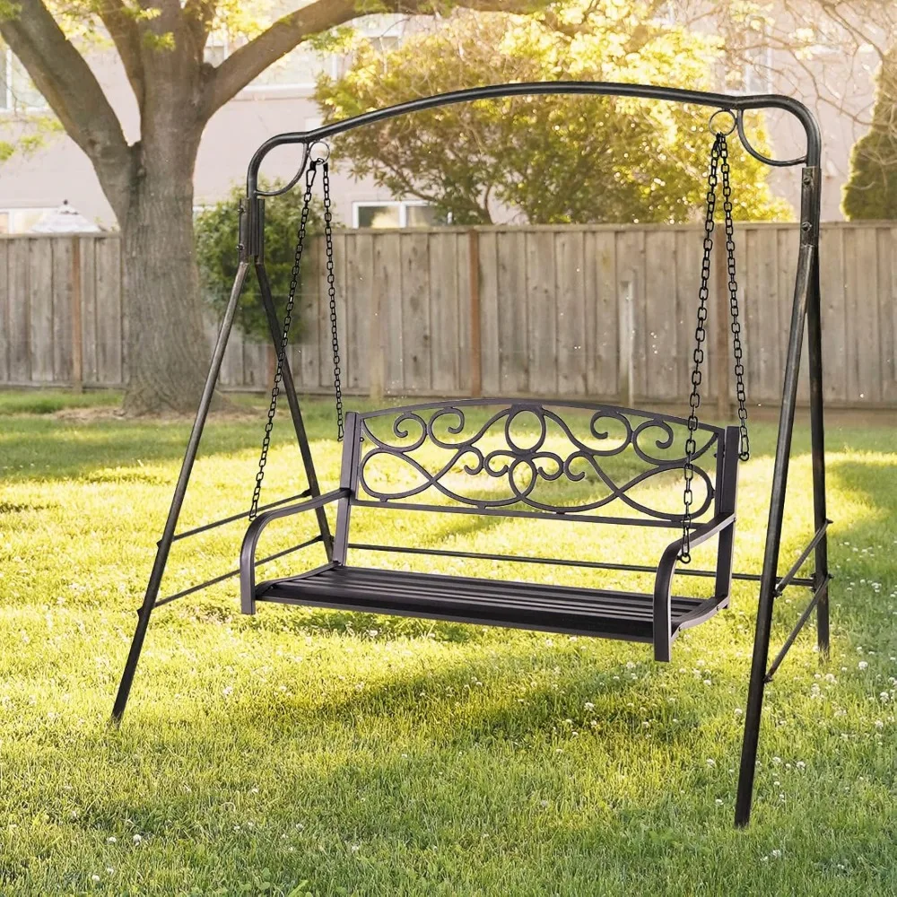 Metal Porch Swings 2 Person Outdoor Hanging Garden Bench, Wide Seat & Curved Armrests, 485 Lbs Weight, Patio Swings 6