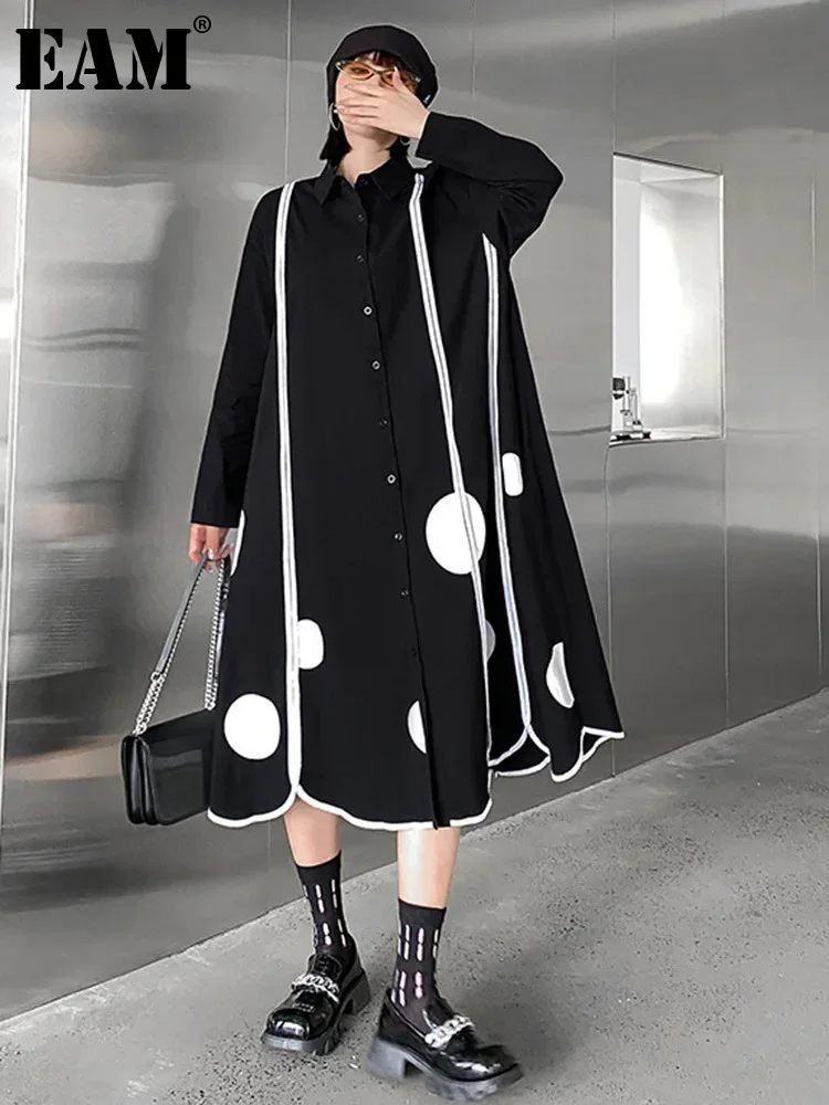 

[EAM] Women Black Dot Printed Striped Midi Big Size Shirt Dress New Lapel Long Sleeve Fashion Tide Spring Autumn 2024 1DH4538