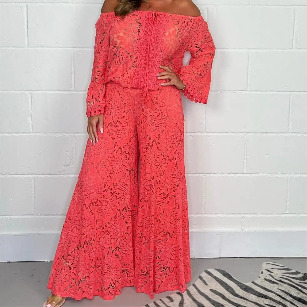 Women On 2 Pieces/set Of Hollow Lace Off-the-shoulder Loose Long-sleeved Top High Waist Wide Leg Blouse Pants Suit