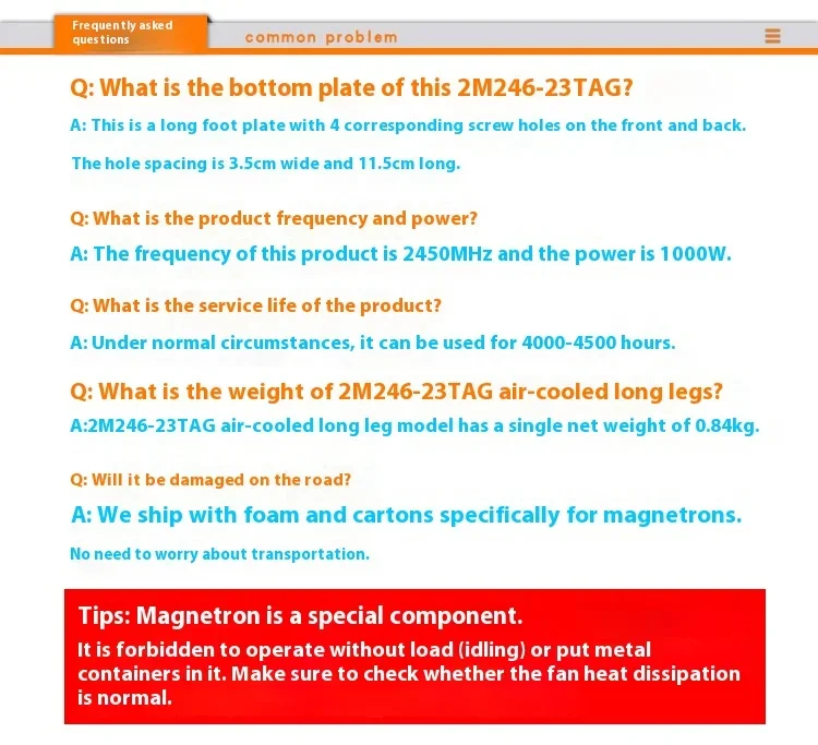 Description Picture 2 of itemFor LG 2M246-23TAG air-cooled long baseplate Magnetron Microwave Oven Equipment Heating Tube 1KW Magnetron Electronic Tube