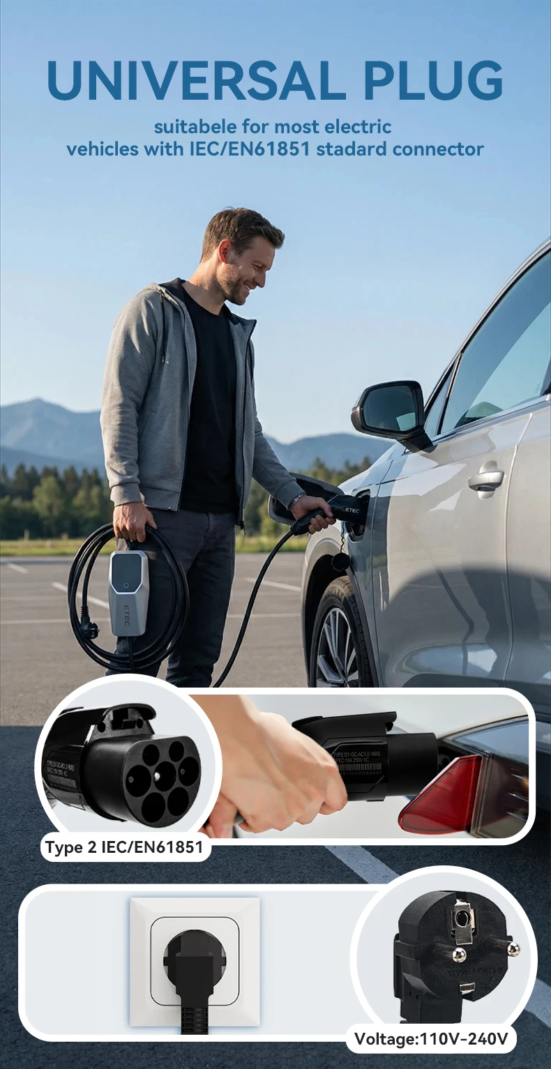 Protable Charger 1PH 16A 3.7KW With Type 2 Plug & 4 Meters Charging Cable+power