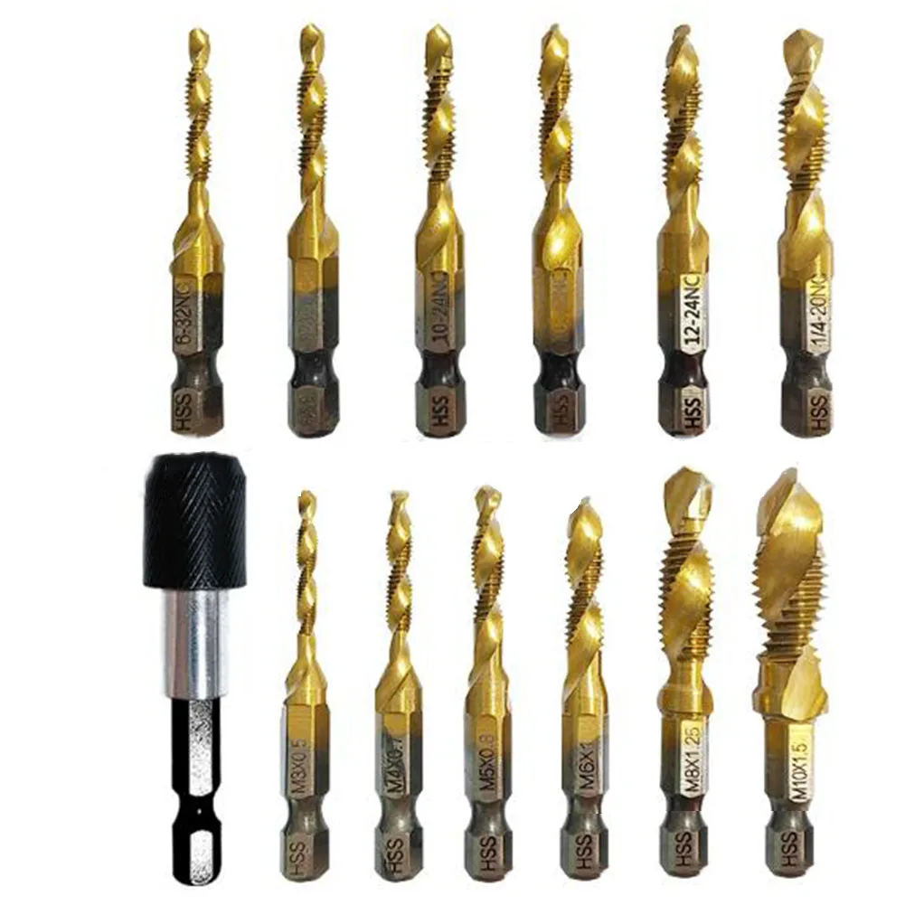 

Titanium Coated HSS Tap Drill Bits With Hex Shank Adapter Screw Thread Metric Tap Screw Machine Compound Tap Hand Tools M3-M10