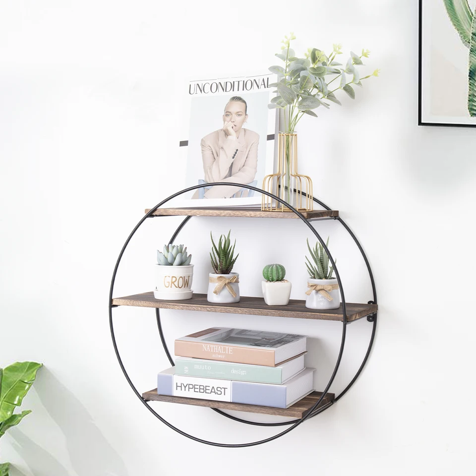 Elegant Round Wooden Floating Storage Shelf Rack