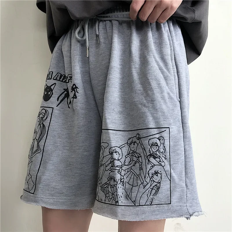 2024 Letter Cartoon Sports and Leisure Loose Wild Student Was Thin High Waist Shorts Printed Shorts Loose Elastic Waist Shorts