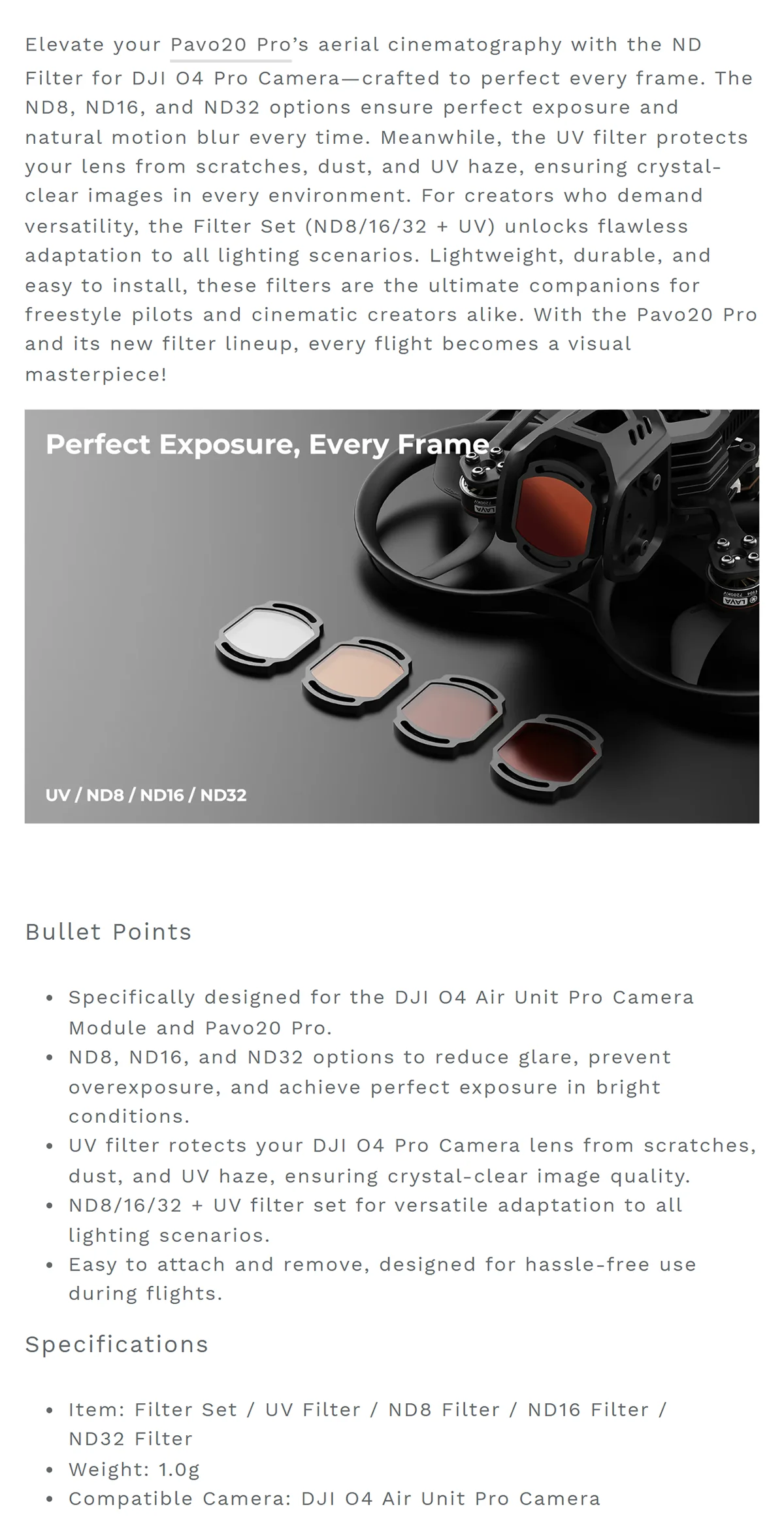 For DJI 04 Pro Camera BETAFPV ND Filter Set (ND8/ND16/ND32) UV Protection Lens f