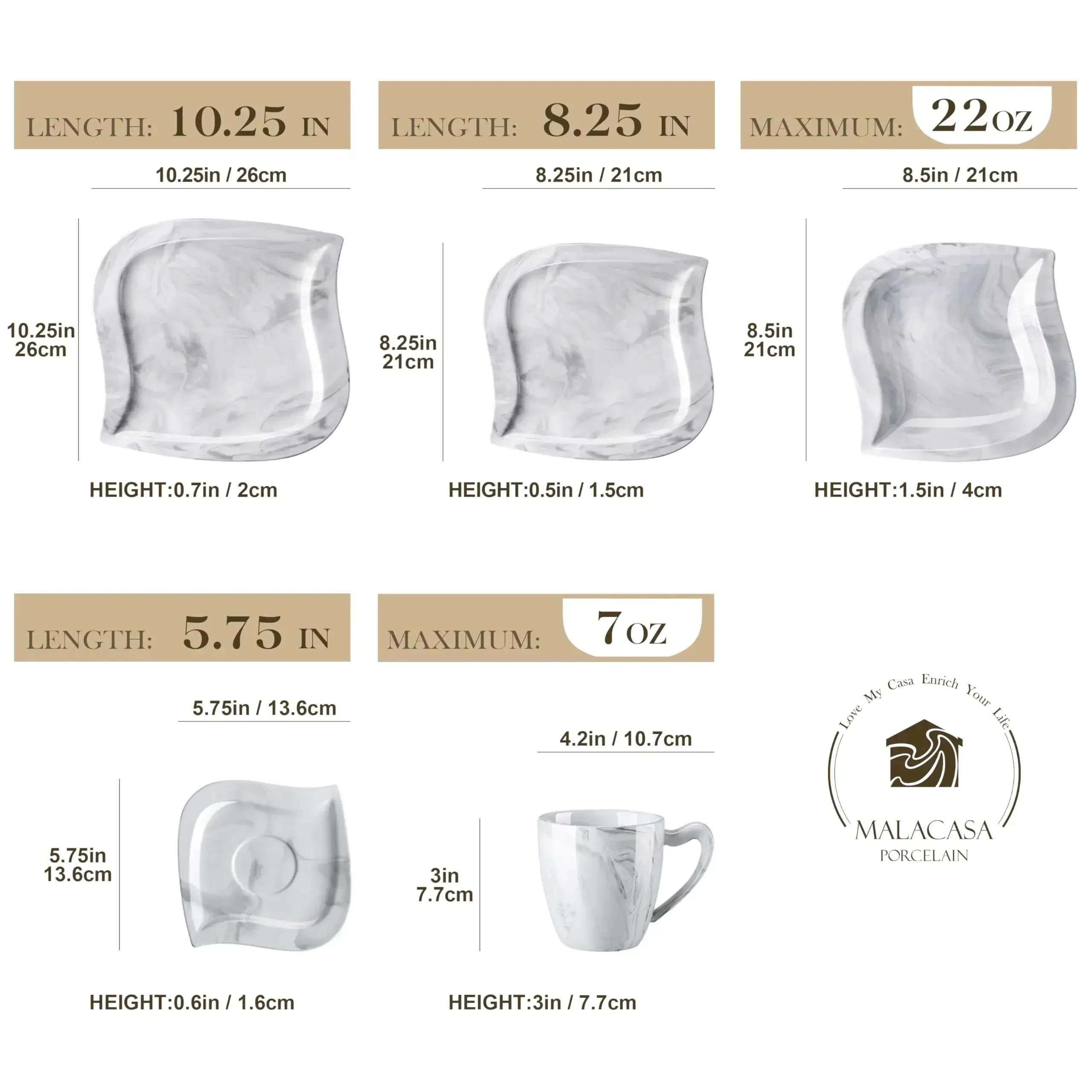 MALACASA Dinnerware Sets for 6, 30 Piece Porcelain Plates and Bowls Sets, Marble Dish Set with Dinner Plate Set, Cup and Saucer,