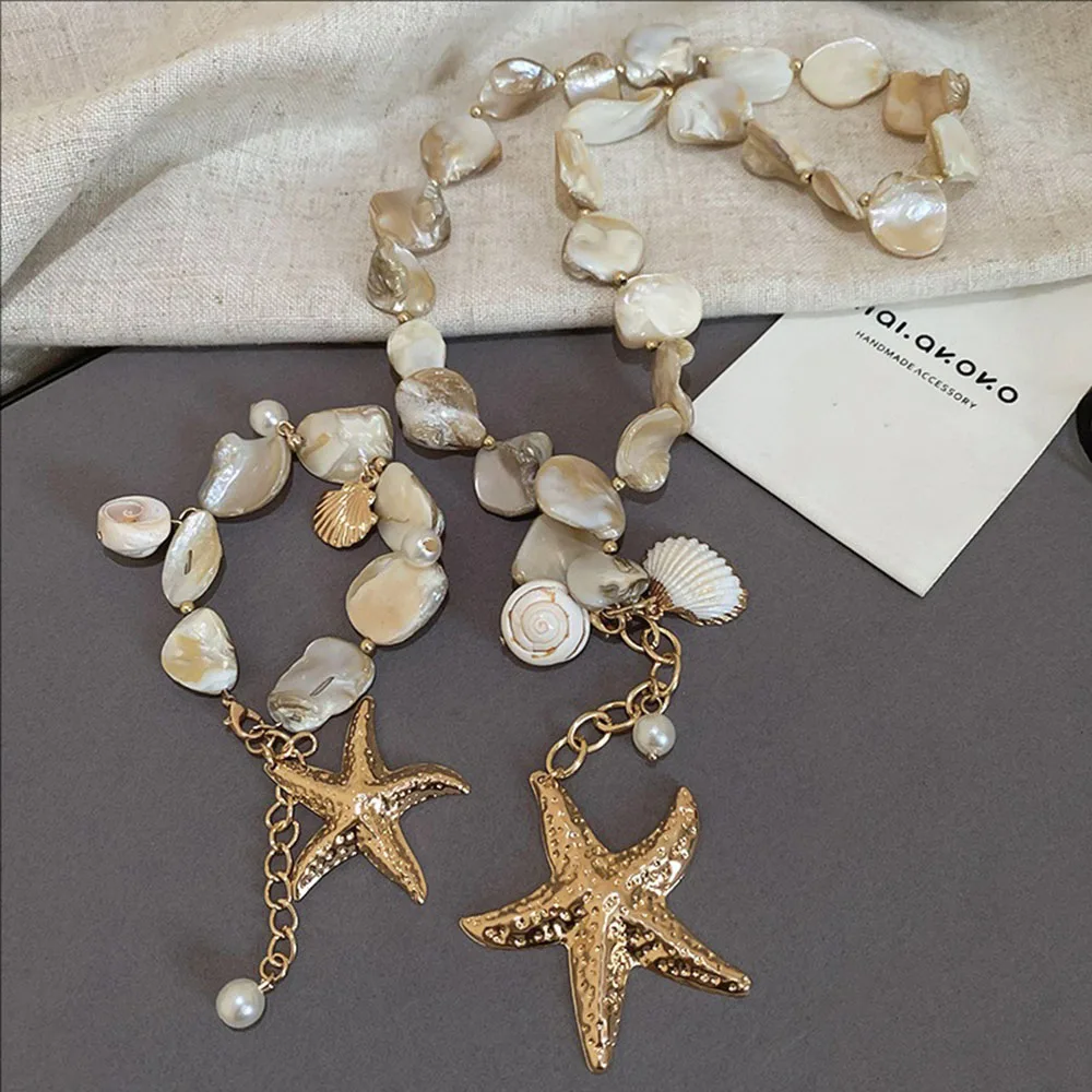 סט תכשיטים מותאם אישית בסגנון חוף הים עם שרשרת פנינה, כוכב הים וחרוזים, שרשרת עצם חדשה, תכשיטי יוקרה וקלים לנשים