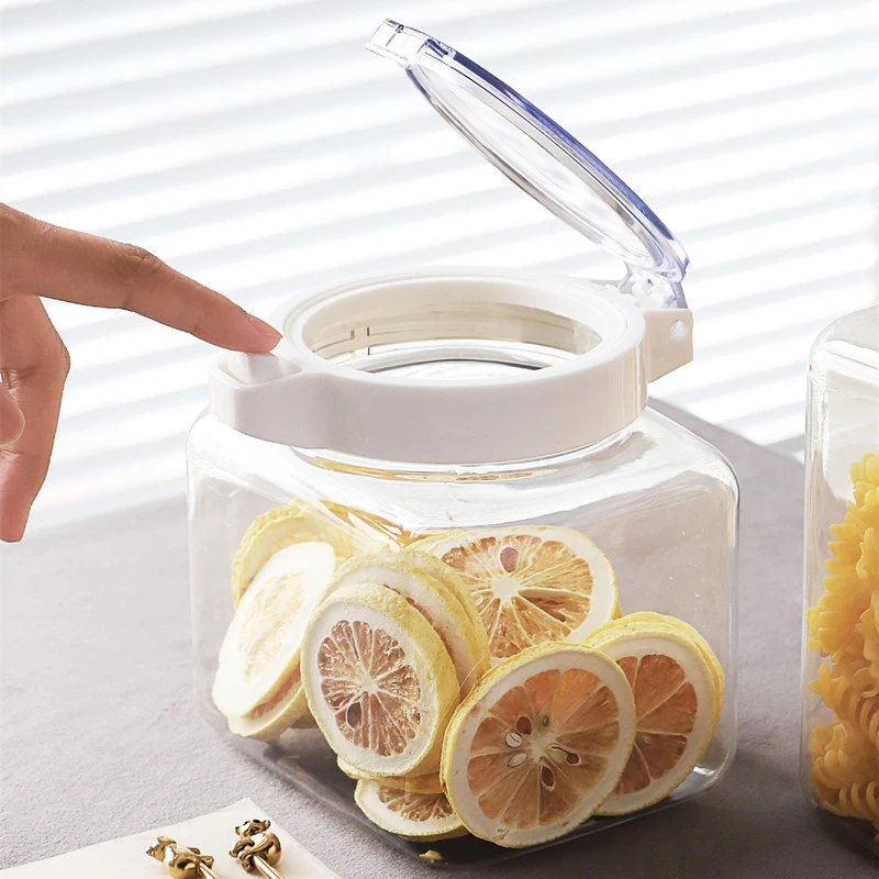 

Kitchen Plastic Sealed Jars Transparent Press Type Cereal Cans Storage Box Tea Coffee Beans Pasta Grains Candy Storage Container