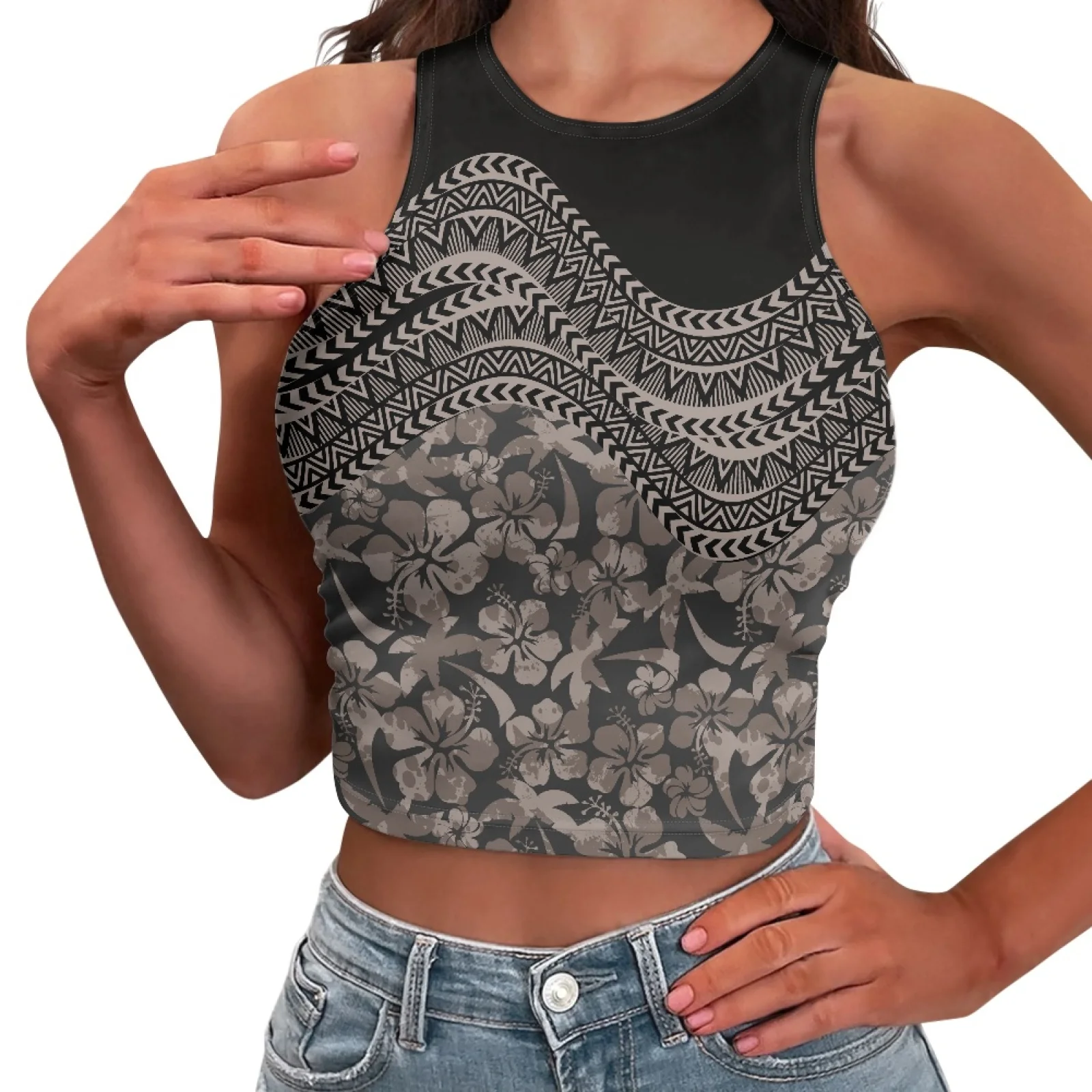 

Polynesian Tribal Fijian Totem Tattoo Fiji Prints Summer Woman O-Neck Sexy Expose Belly Button Knitted Vest Sleeveless Vintage