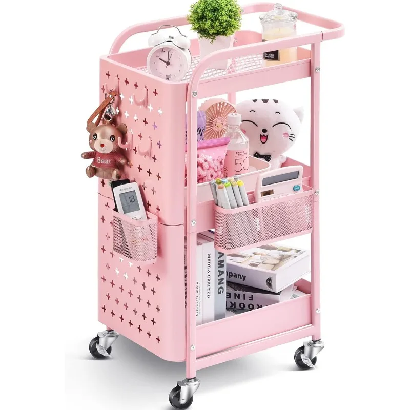 Storage rack Rolling storage cart 3-Tier Rolling Cart Metal Utility Cart Handle Lockable Wheels Hooks Bathroom Living Room