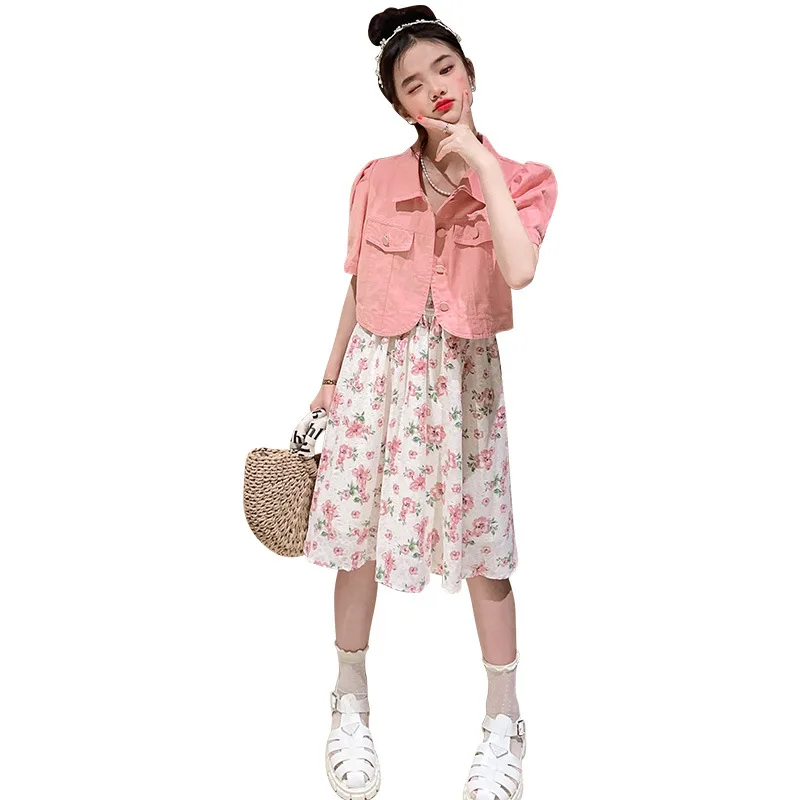 

Summer teen Girls Skirt Set Short Sleeve denim jacket+Layered Skirt 2pcs Designer Kids Clothes Outfits Children Clothing Suit