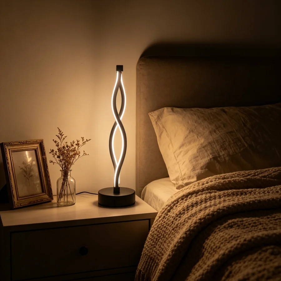 1PC 미니멀리스트 트위스트 웨이브 LED 테이블 램프, 디밍 가능한 따뜻한 주변 조명, 침실, 거실, 사무실용 USB 전원 장식 램프