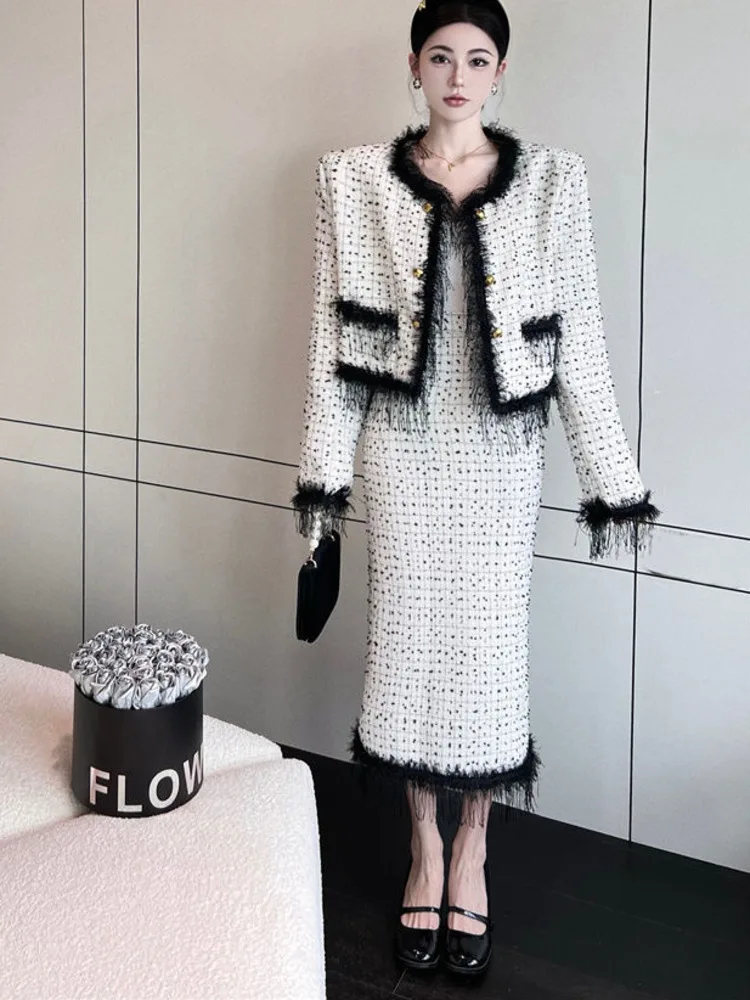 

2022 autumn winter two piece sets womens outifits tweed Jacket Coat + Long Skirt Set elegante conjuntos de falda ensemble femme