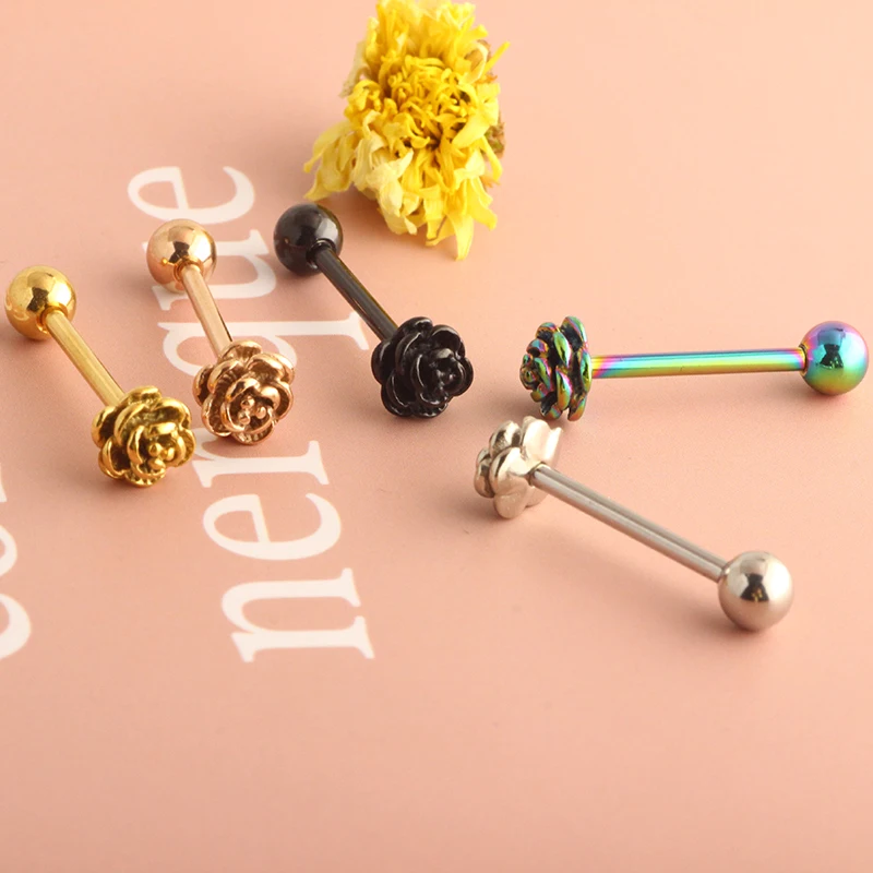 Rose Gem Heart Tongue Piercing langue Tongue Rings Surgical Steel Nipple Ring Helix Piercing Earring Jewelry