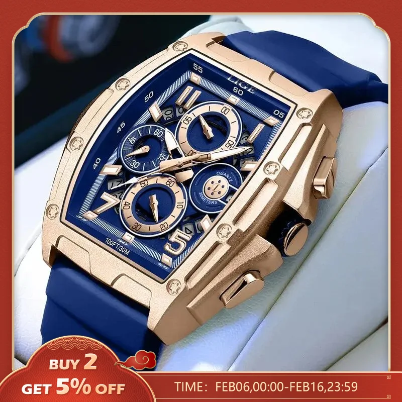 Lige Business Watch For Men Fashion Silicone Square Watch Uomo Casual Sport Cronografo Impermeabile Orologio Al Quarzo Maschile Reloj Hombre