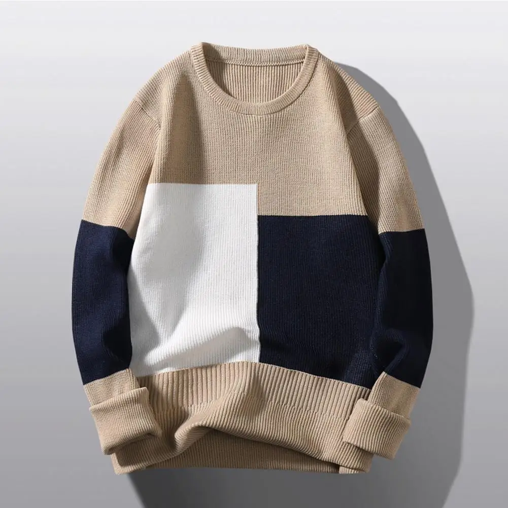 

Loose Fit Sweater Cozy Men's Colorblock Knitted Sweater Thick Warm Stylish Fall/winter Pullover with Patchwork Detailing Elastic