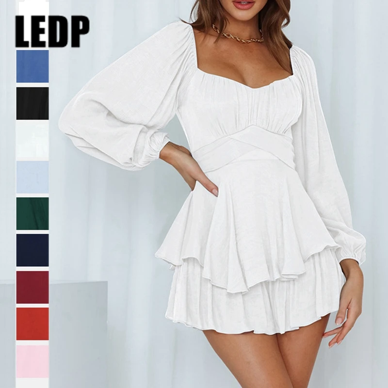 

Summer Sexy High Waist Solid Color Holiday Jumpsuit Women Long Sleeve Ruffle Romper Square Collar Playsuits Womens Clothing