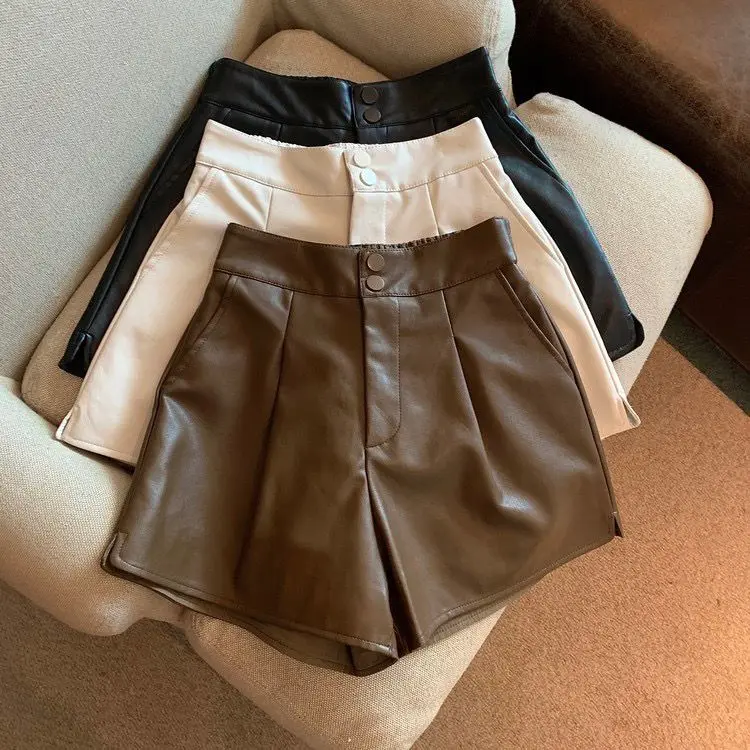 

Women 2023 Stylish Faux Pu Leather Shorts Vintage High Waist Female Shorts All-Match Solid Color Loose Casual Shorts New T411