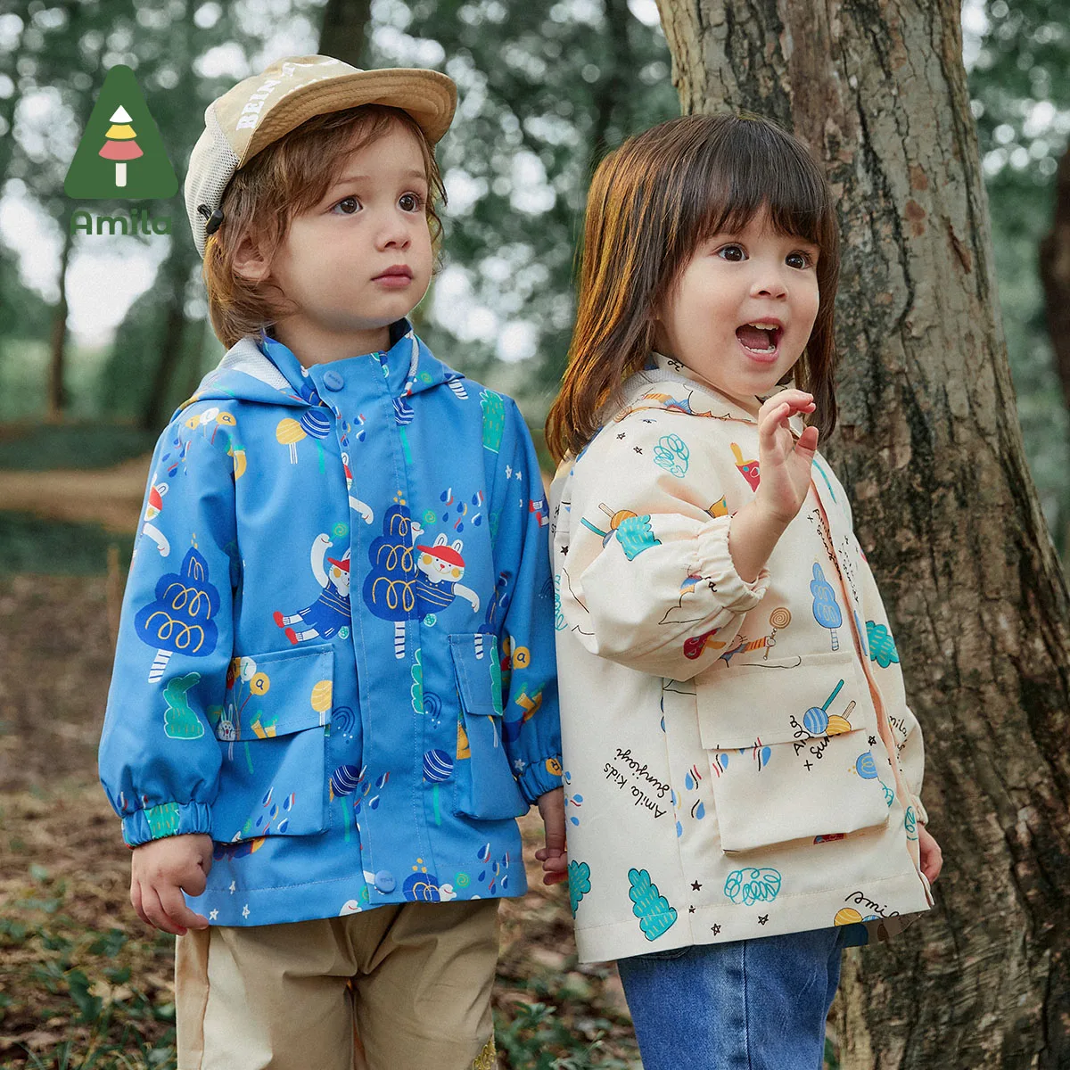 Amila Baby Jakets 2023 Spring New Girls and Boys Jointly Fashion Full Print Cute Rabbits Casual Hooded Coat Kids Outer Wear