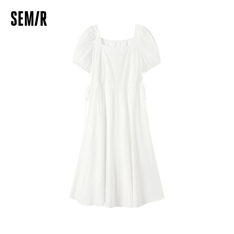 Semir Dress Women Square Neck Puff Sleeve Drawstring 2024 New Summer Version Solid Color Mid-long Dress Gentle