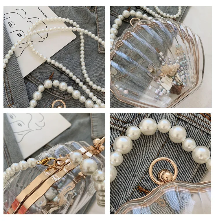 Pearl Chain Acrylic Clutch Bag - Transparent Shell Evening Purse for Women, Crossbody & Shoulder Strap Party/Wedding Accessory