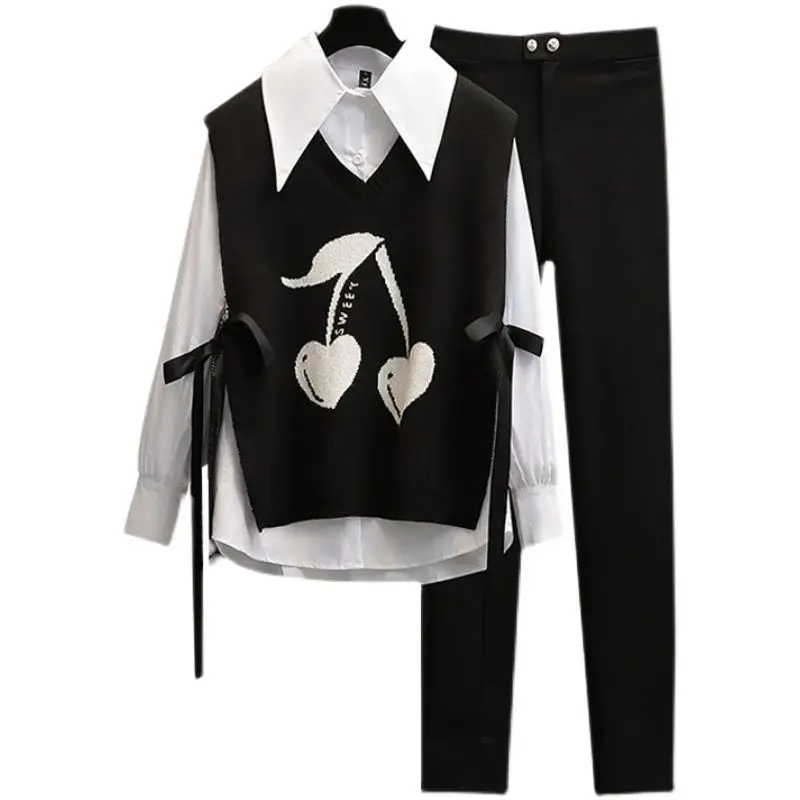 Autumn New White Chiffon Shirt Blouse Knitted Tank Top Small Leggings Three Piece Elegant Women\'s Pants Set Casual Tracksuits