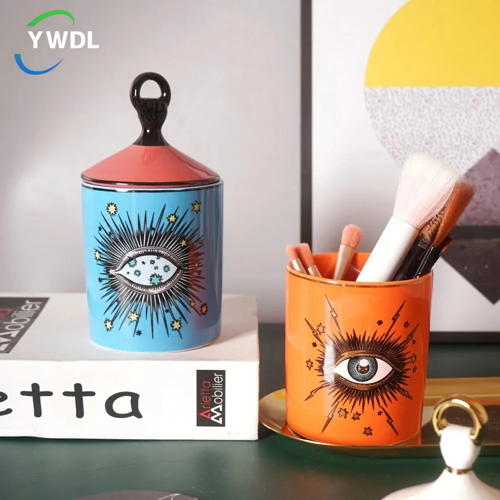 YWDL Eye Starry Sky Storage Jar With Lid Ceramic Incense Candle Holder Home Storage Tank For Jewelry Cosmetic Brush Decoration