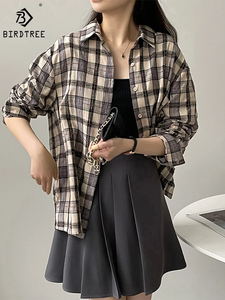 

Medium Long Oversized Spring Shirts Women Plaid Long Sleeves Casual Blouses Turn Down Collar Button Loose Tops Autumn T36146JM