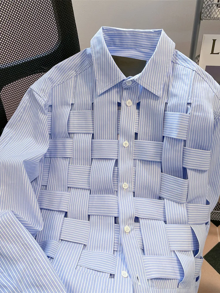 Front and side views of women’s woven stripe shirt with relaxed fit